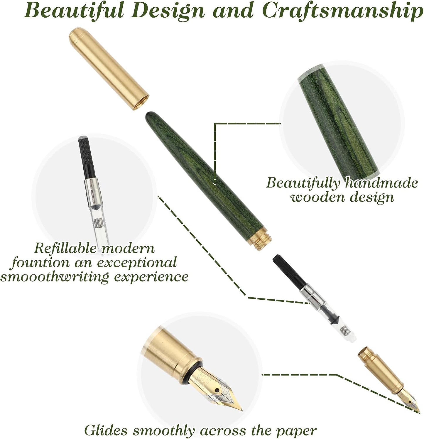 Handcrafted Wooden Fountain Pens Set, Vintage Luxury Wood Fountain Pen 0.5Mm Fine Point Smooth Writing Pen with 12 Ink 2.6 Mm Cartridges and Gift Box for Journaling Calligraphy Supplies(D)