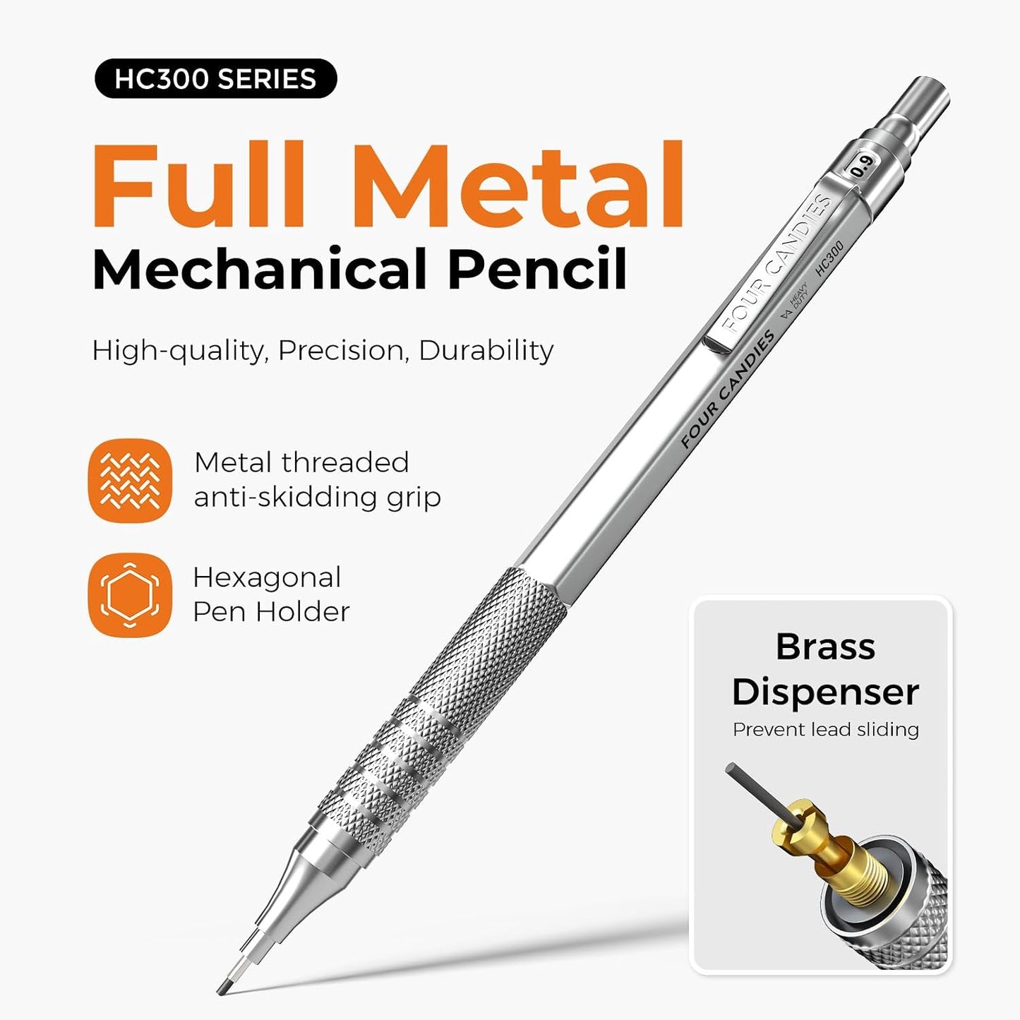 Metal Mechanical Pencil Set, 3PCS Art Drafting Pencils 0.5, 0.7, 0.9MM & 2PCS 2MM Mechanical Drawing Pencils with 420PCS Leads (4B 2B HB 2H Color) for Writing Sketching Drawing (Silver)