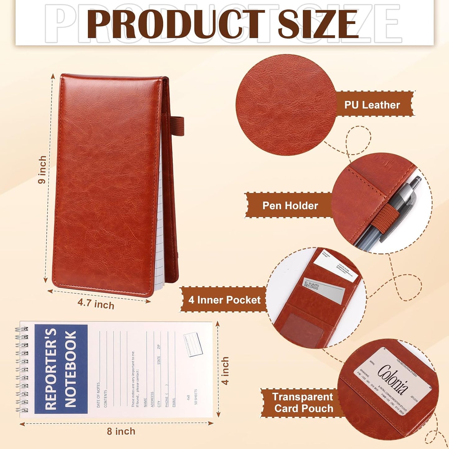 Reporters Notebook Cover Puleather Notepad and Pen Holder Set with Tops Reporters Notebook Steno Notebook Cover Flip Notepad Holder Fit 4 * 8 Inch Spiral Notebooks for Journalists (Brown)