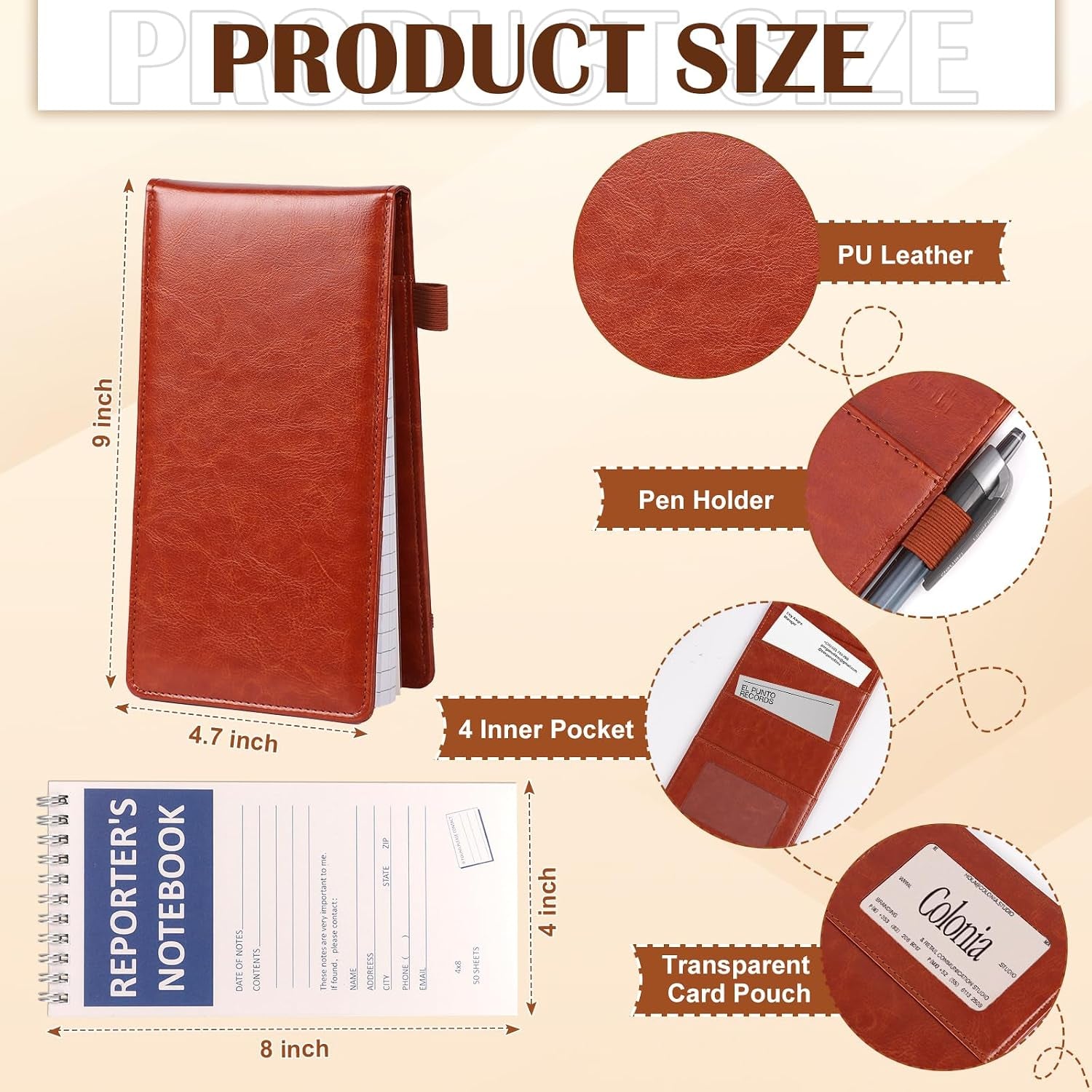 Reporters Notebook Cover Puleather Notepad and Pen Holder Set with Tops Reporters Notebook Steno Notebook Cover Flip Notepad Holder Fit 4 * 8 Inch Spiral Notebooks for Journalists (Brown)