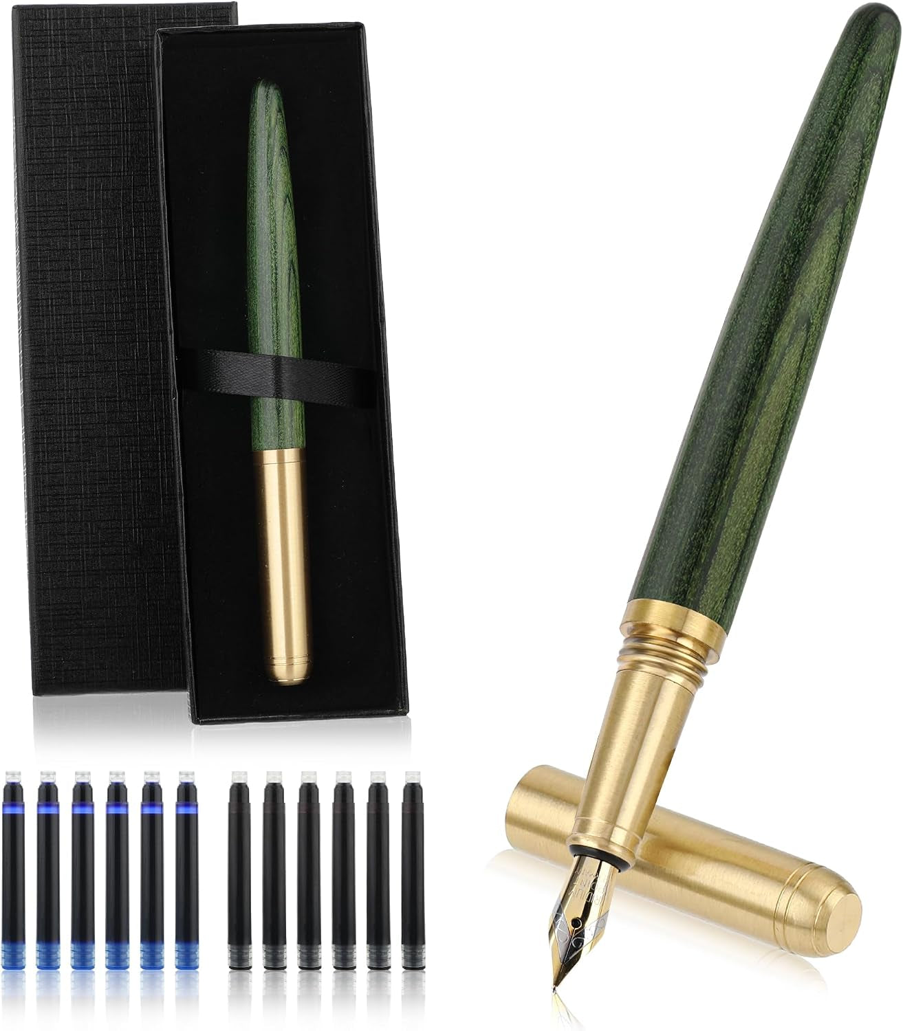 Handcrafted Wooden Fountain Pens Set, Vintage Luxury Wood Fountain Pen 0.5Mm Fine Point Smooth Writing Pen with 12 Ink 2.6 Mm Cartridges and Gift Box for Journaling Calligraphy Supplies(D)