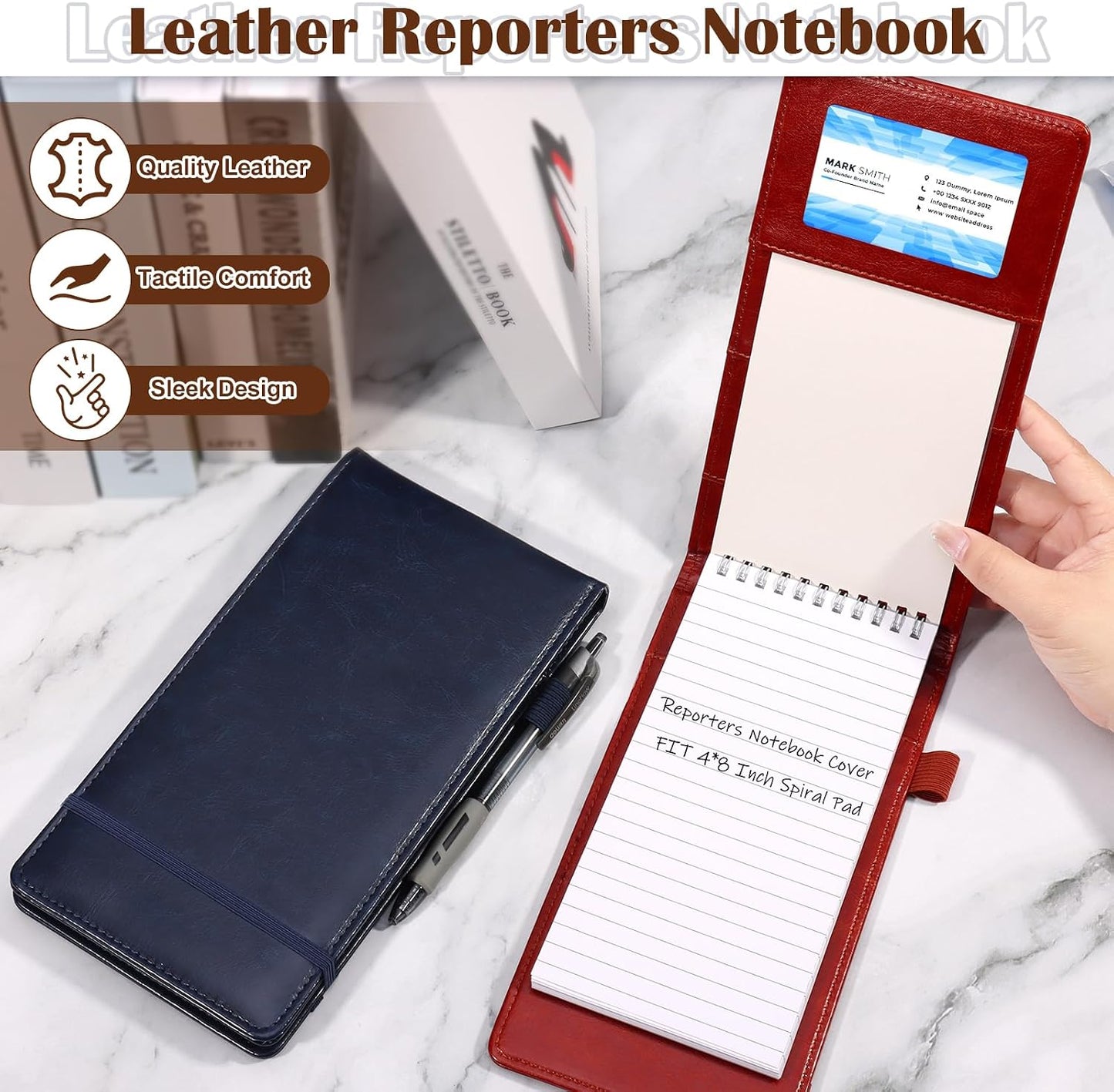Reporters Notebook Cover Puleather Notepad and Pen Holder Set with Tops Reporters Notebook Steno Notebook Cover Flip Notepad Holder Fit 4 * 8 Inch Spiral Notebooks for Journalists (Brown)
