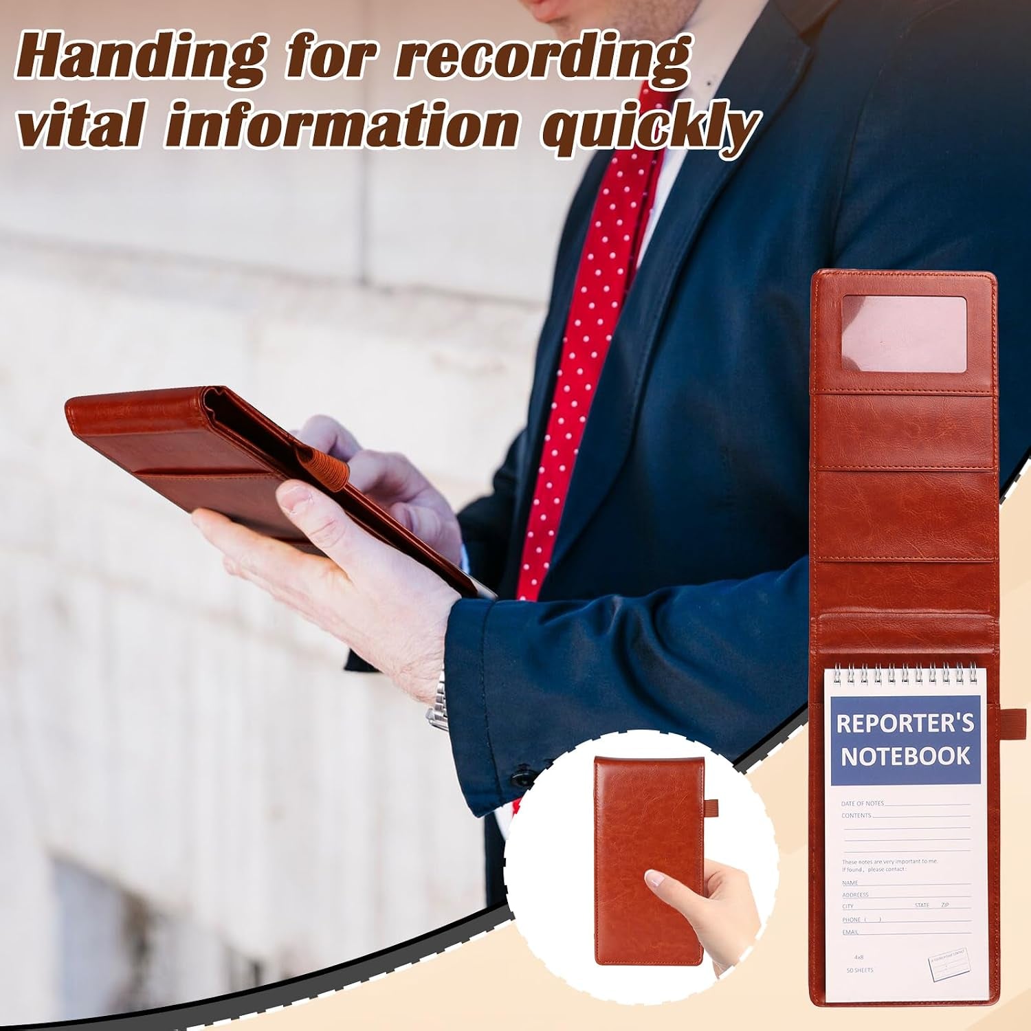 Reporters Notebook Cover Puleather Notepad and Pen Holder Set with Tops Reporters Notebook Steno Notebook Cover Flip Notepad Holder Fit 4 * 8 Inch Spiral Notebooks for Journalists (Brown)